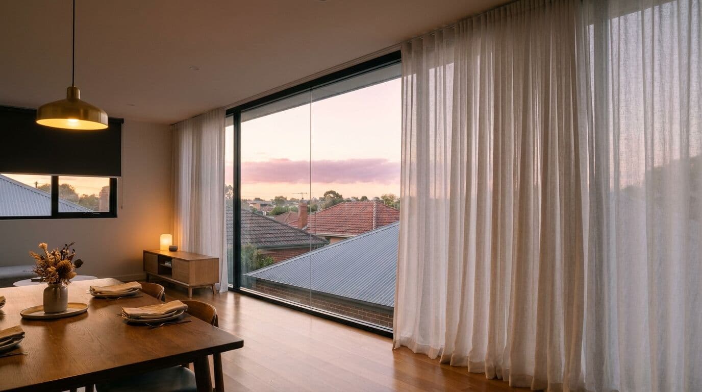 Melbourne dining room at dusk with sheer curtains