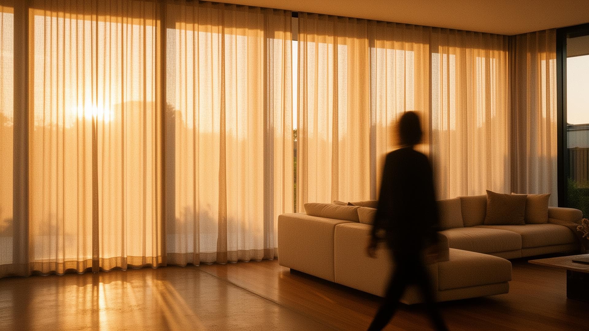 Sheer linen curtains catching late afternoon light in a Melbourne living room